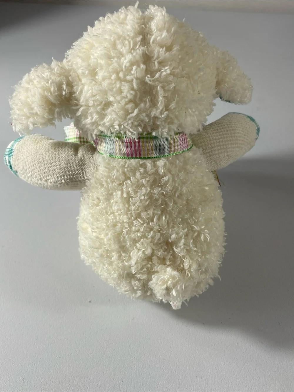 Pier 1 Cream Plush Lamb with Pink/Pastel Plaid Accents
